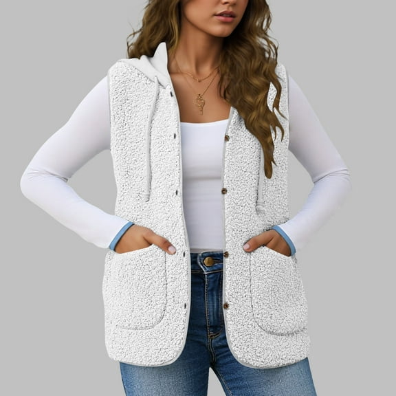 QUNYINEY Womens Vests Fashion Casual Fleece White Lightweight Waistcoat Pockets Loose Fit Button Down Sleeveless with Hood Jacket for Women