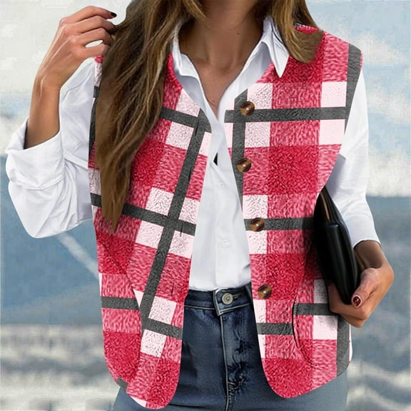 QUNYINEY Womens Vests Fleece Plaid Outerwear Button Down Lightweight Turndown Collared Loose Fit Sleeveless Women's Jacket