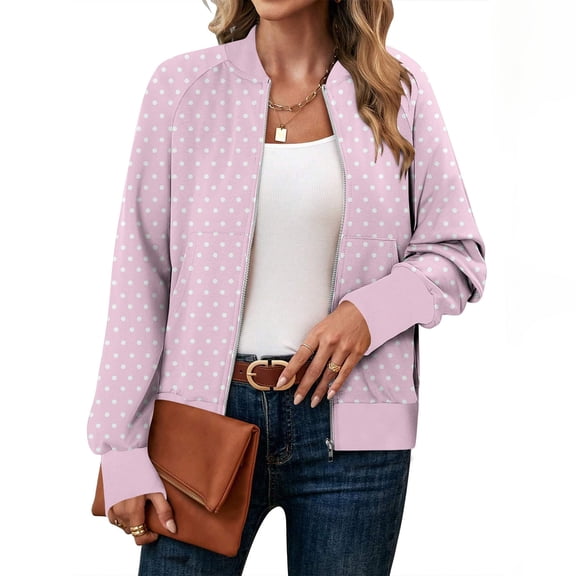 QUNYINEY Womens Winter Bomber Jacket Polka Dot Lightweight Full Zip Sweatshirt Jacket Loose Fit Stand Collar Long Sleeve with Pockets Womens Coats