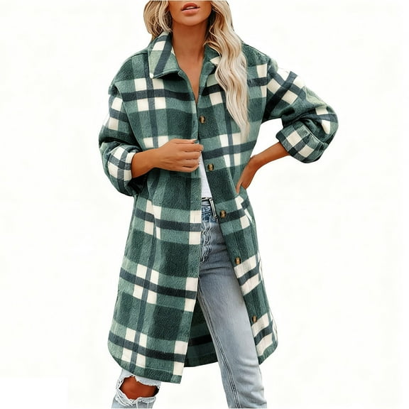 QUNYINEY Womens Winter Coats Long Fleece Plaid Trench Coat Single Breasted Long Sleeve Loose Fit Turndown Collar Women Jackets