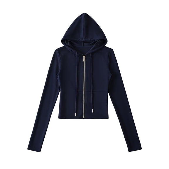 QUNYINEY Womens Winter Jacket Blue Zip Up with Hood Athletic Cropped Outwear Long Sleeve Drawstring Lightweight Slim Fit Coat Women