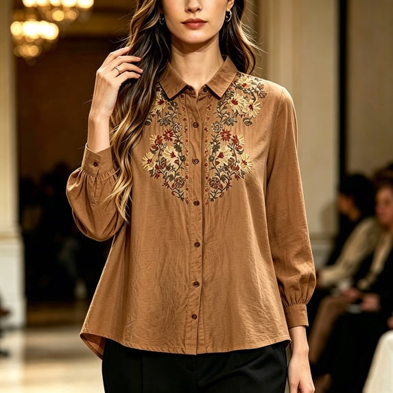 QUNYINEY Work Button Up Shirts for Women Faux Cotton Linen Dressy Floral Long Sleeve Tops Casual Slim Fit Collared Business Women Blouses