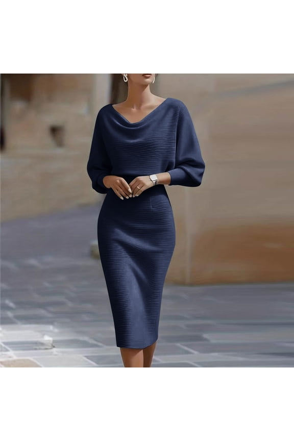Work Women Cocktail Dresses Formal Navy Blue Long Sleeve Bodycon Dresses Vintage Slim Fit Crew Neck Elegant Midi Dresses