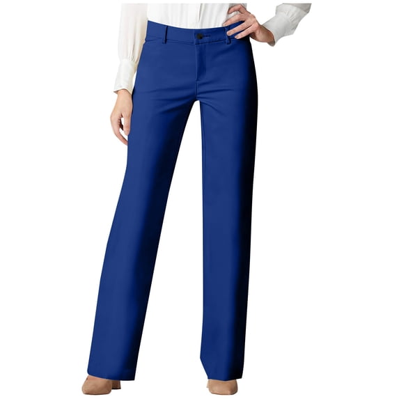 QUNYINEY Work Women's Pants Dressy Business Straight Leg Blue Trousers Slim Fit Twill with Pockets Chino Pants
