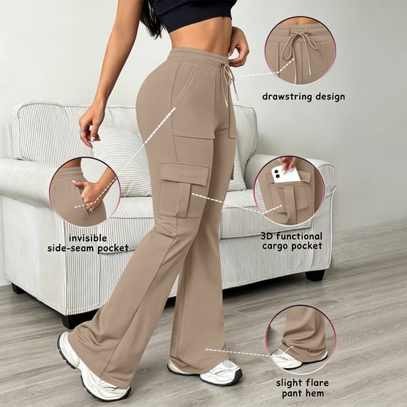 QUNYINEY Work Womens Pants Casual Mid Rise Wide Leg Yoga Summer Pants Drawstring Elastic Waist with Pockets Relaxed Fit Solid Pants