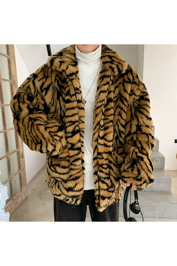 Yellow Mens Jackets Casual Stylish Zip up Faux Fur Leopard Print Long Sleeve Outerwear Warm Loose Cardigan Outerwear Jackets