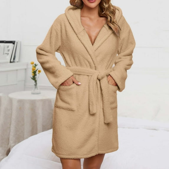 QUNYINEY Yellow Robe Women Solid Fleece Short Bathrobe Loungewear Long Sleeve V Neck Hooded Warm Heavyweight Belt Sleepwear