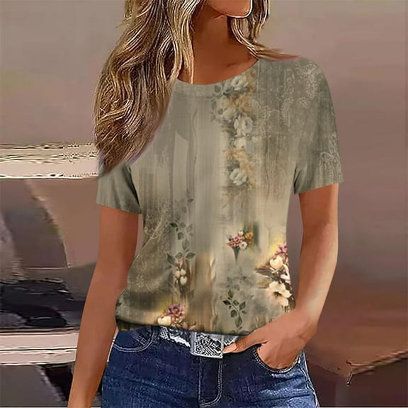 QUNYINEY Yellow Shirts for Women Trendy Floral Crew Neck Casual Short Sleeve Tops Loose Tops for Women