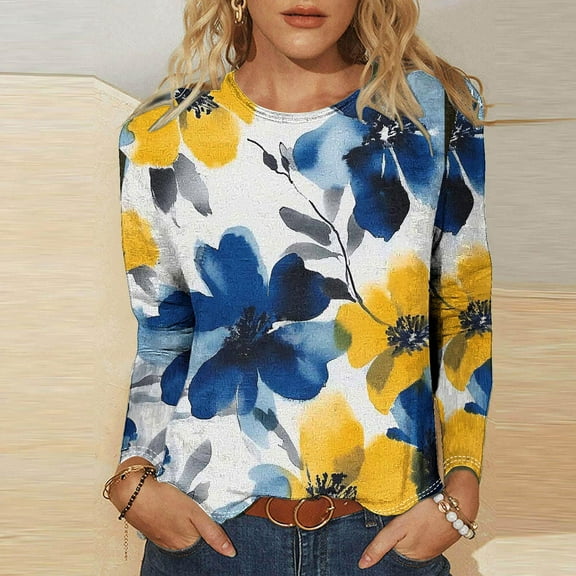QUNYINEY Yellow Womens Shirts Crew Neck Long Sleeve Casual Floral Tops Pullover Loose Graphic Tees