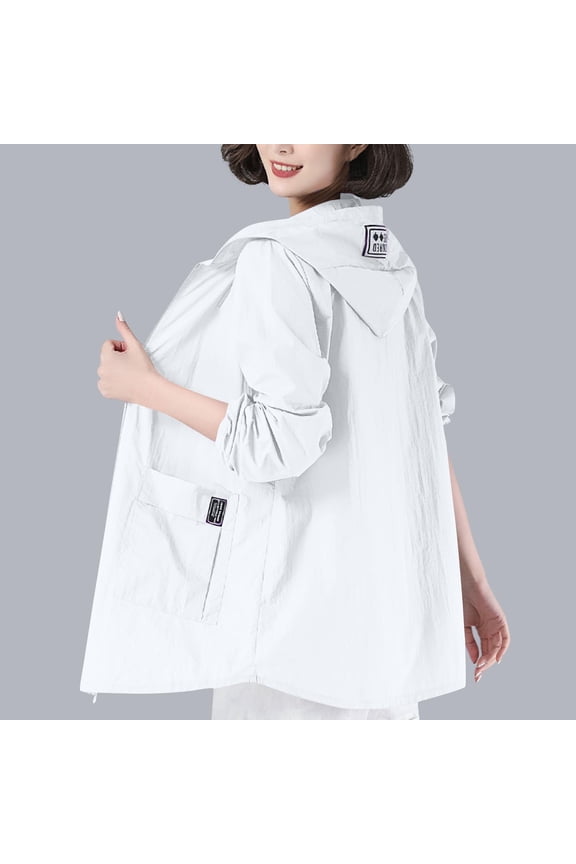 Zip Up Light Jackets for Women Casual Hooded Solid Coats Loose with Pockets Sun Protection Jacket