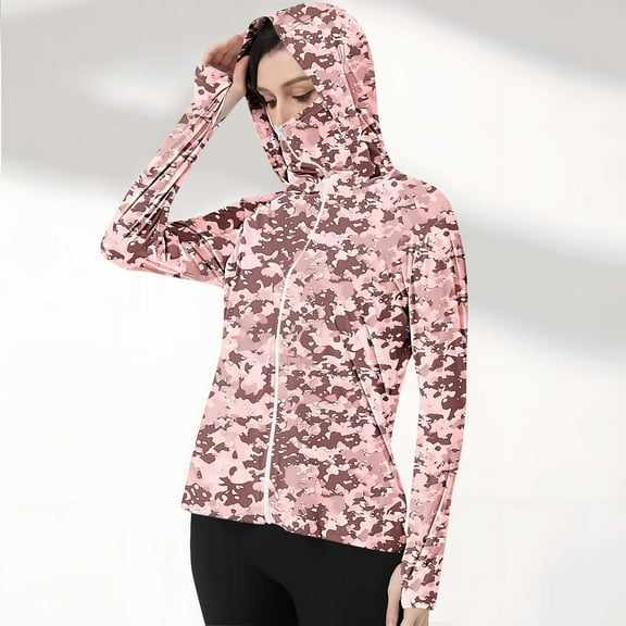 QUNYINEY Zip Up Light Weight Jackets Womens Casual Hooded Camouflage Coats Loose with Pockets Sun Protection Thumb Holes Jacket