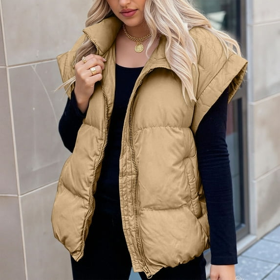 QUNYINEY Zip Up Women Puffer Vest Yellow Fall Waistcoat Sleeveless with Pockets Loose Fit Warm Winter Jackets for Women