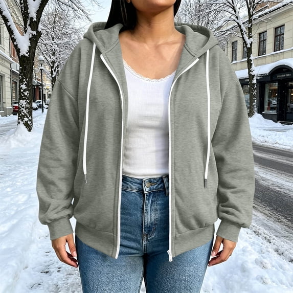 QUNYINEY Zip up Lightweight Jacket Women Plus Size with Hood Windbreaker Long Sleeve Solid Color Fall Winter Women's Coats