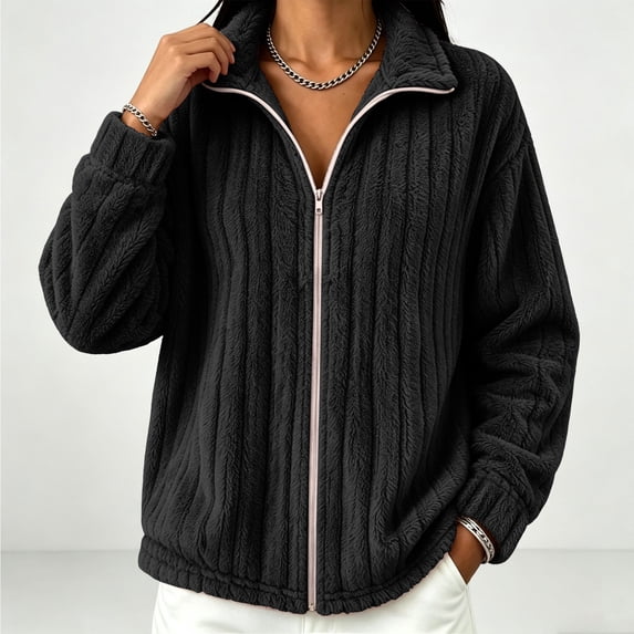 QUNYINEY without Hood Fleece Jackets for Women Black Lightweight Full Zip Outerwear Jackets Stand Colla Double Sided Fleece Winter Long Sleeve Coats