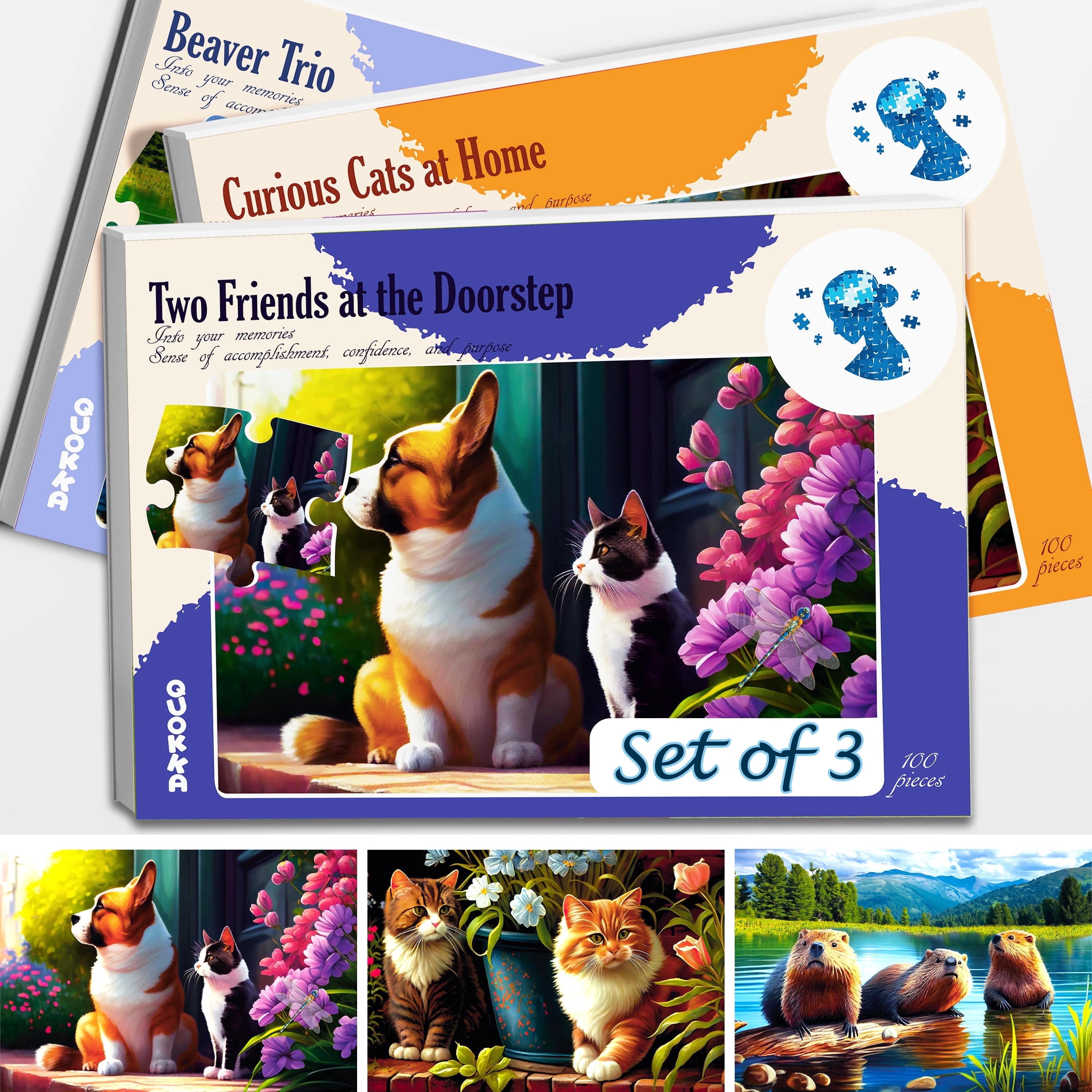 Quokka 100 Piece Dementia Puzzles for Seniors – 3 Set Large Piece Jigsaw Activities with Beavers, Cats and Dog