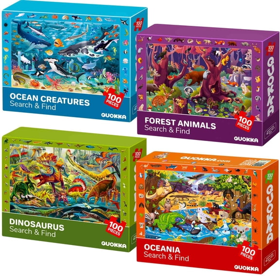 QUOKKA 100-Piece Kids Puzzles Ages 4-8 – 4-Pack Animal & Dino Jigsaw – Learning Search and Find Game