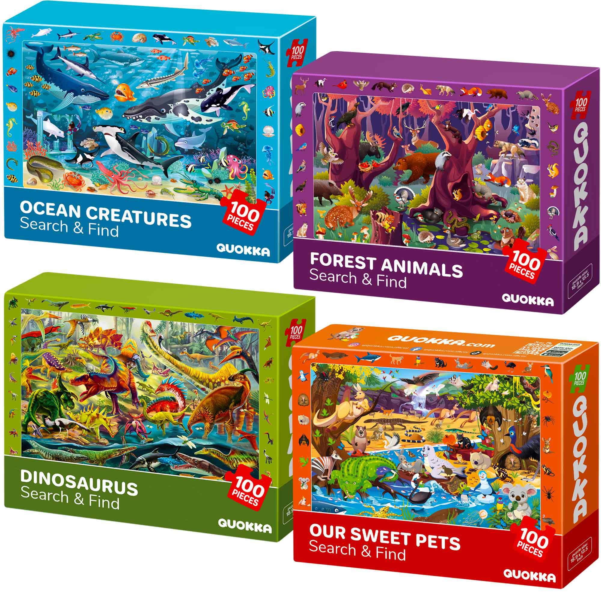 QUOKKA 100-Piece Kids Puzzles Ages 4-8 4-Pack Animal & Dino Jigsaw Learning Search and Find Game