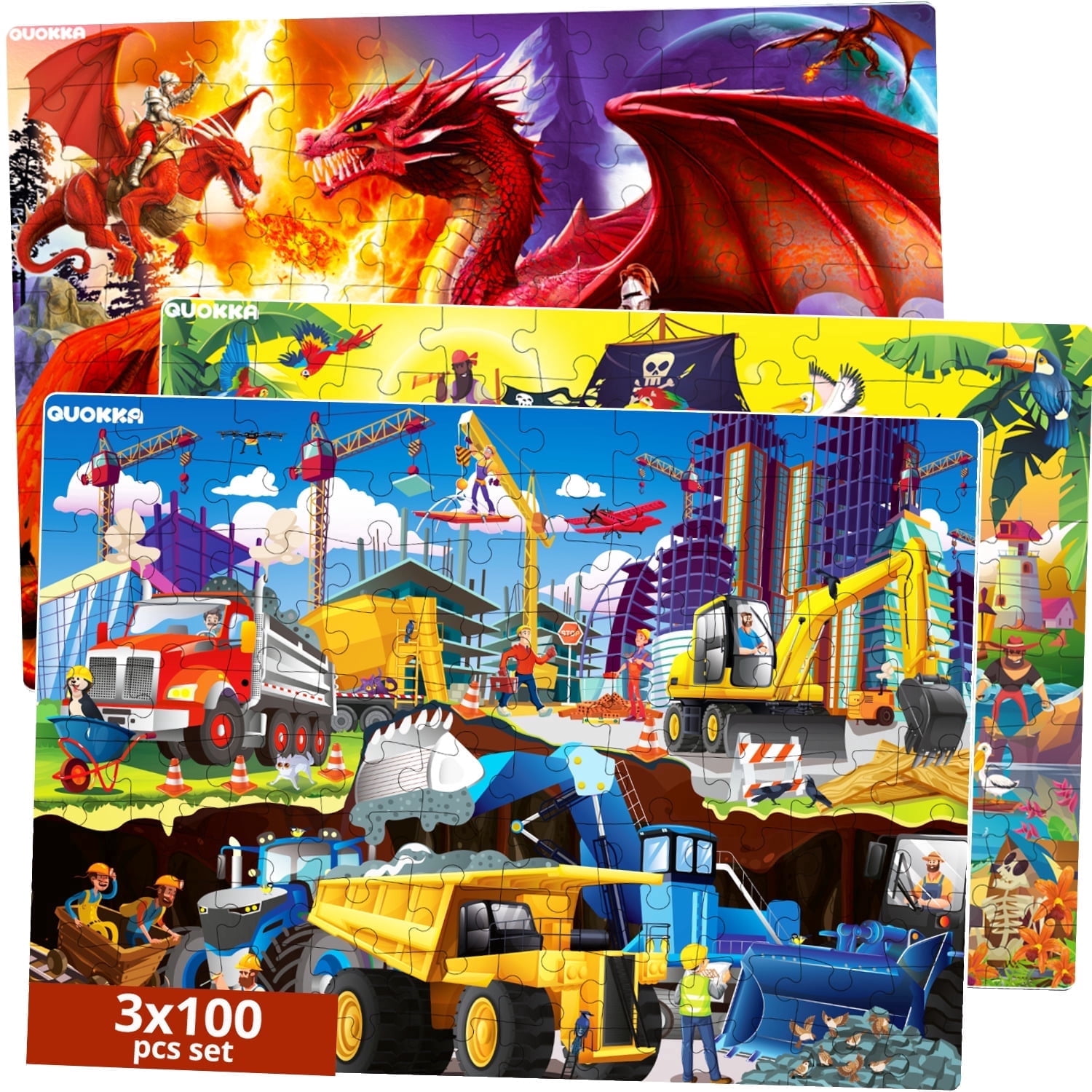 QUOKKA 100 Piece Puzzles for Kids Ages 4 6 - 3 Floor Puzzles for Toddlers 3 5 - Pirates Dragons