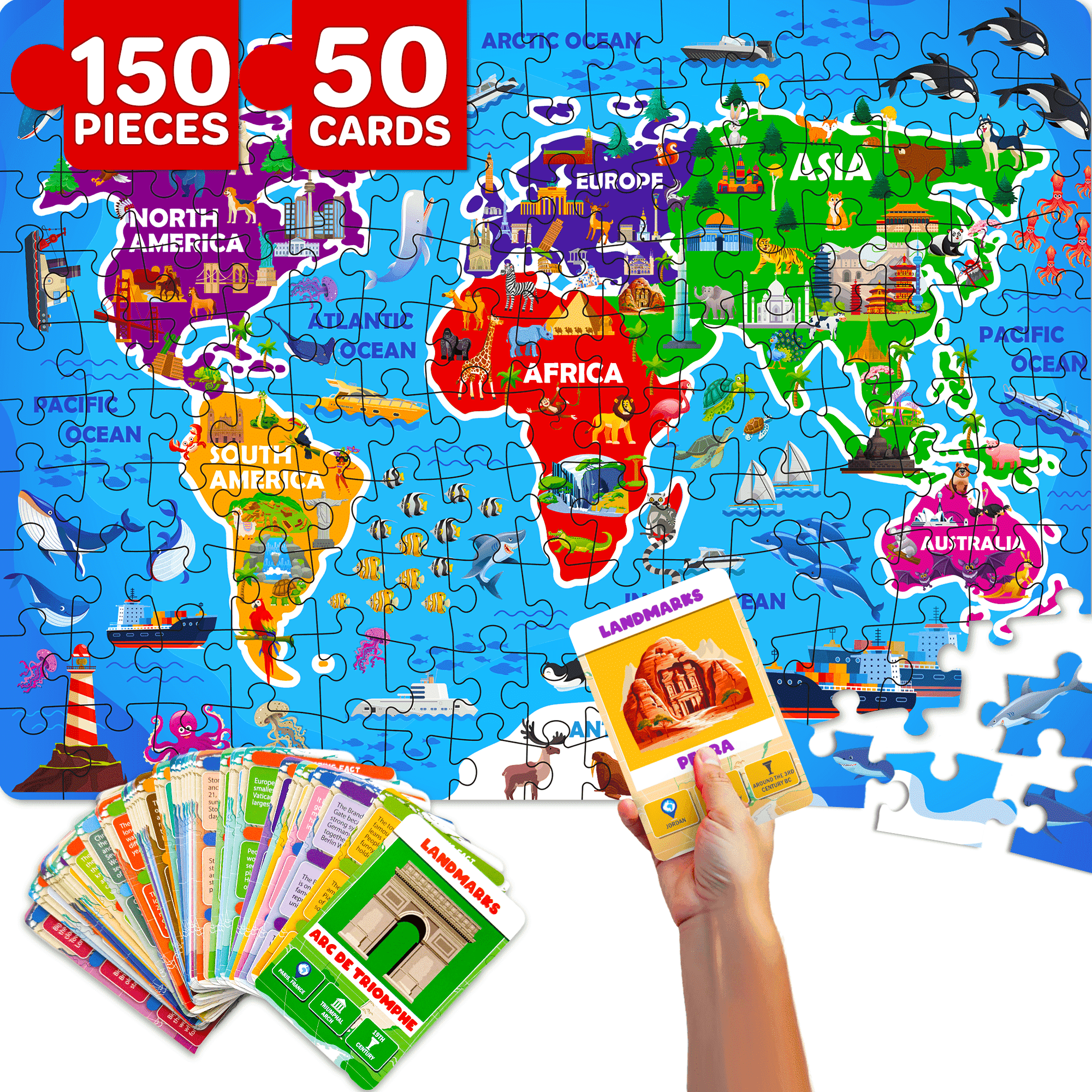 Quokka 150-Piece Educational Jigsaw Puzzle - World Map with 50