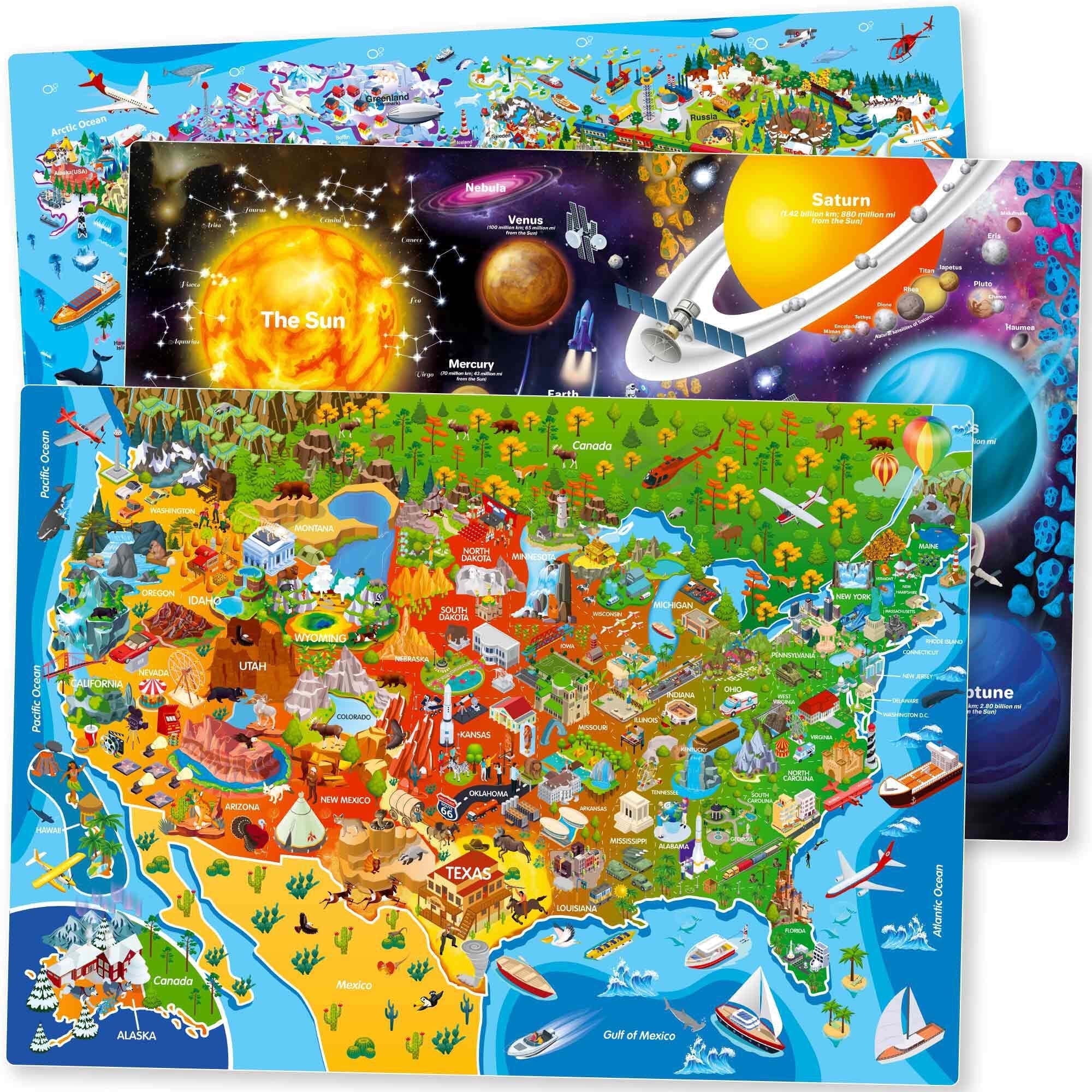 Quokka 300-Piece Child Geography Space USA Map Puzzles - 3X Set Floor Jigsaw Puzzles Large Pieces