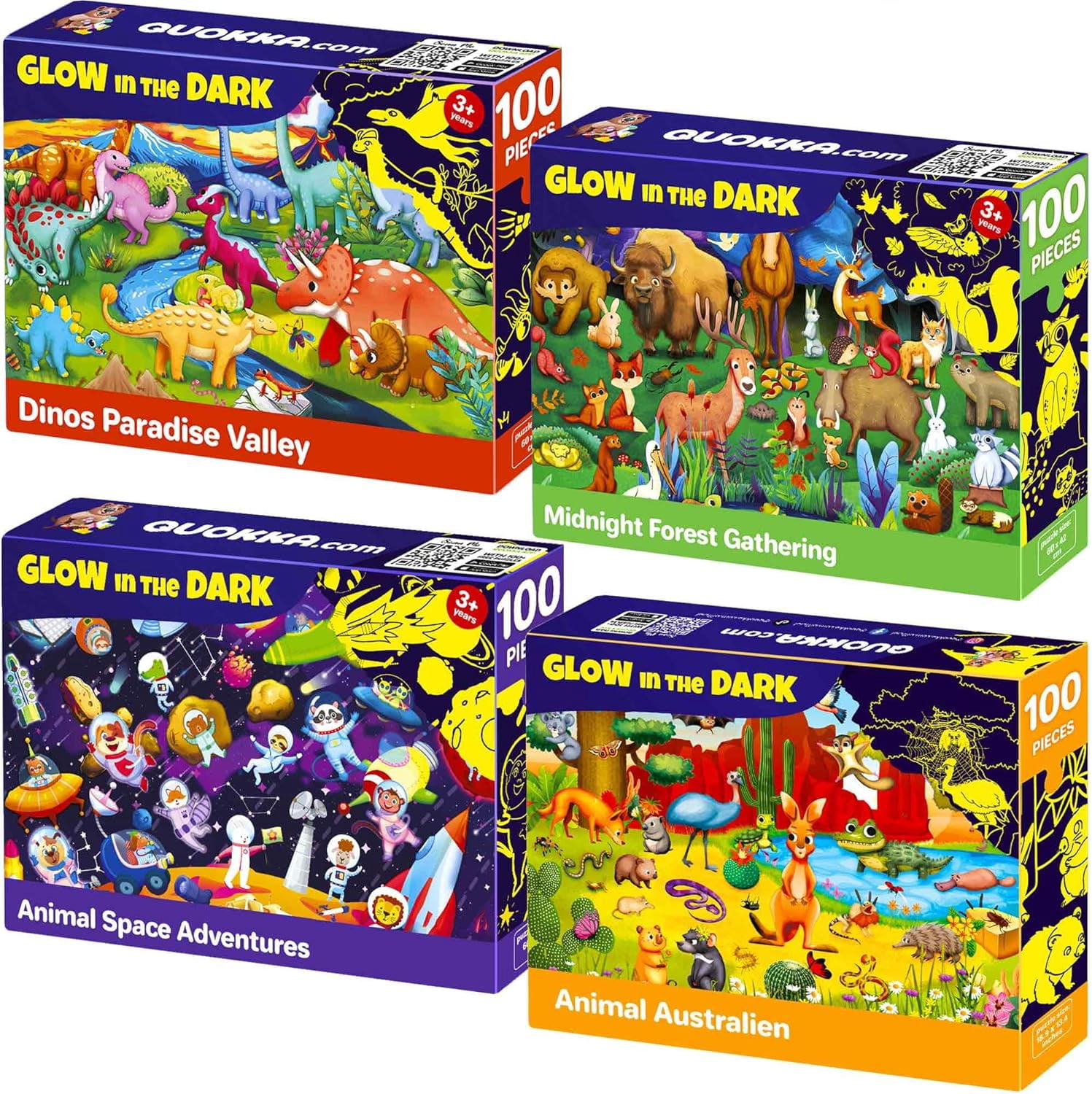 QUOKKA 4x100 Piece Puzzles for Kids Ages 6-8 – Glow-in-The-Dark Puzzles
