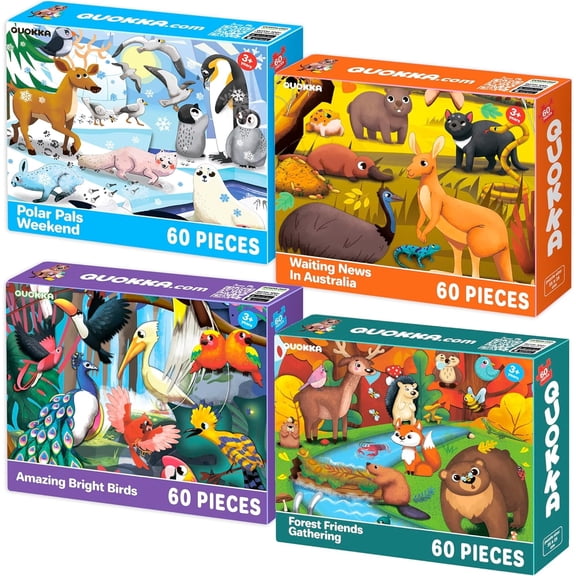 Quokka Kids Puzzles Animals - 60 Piece Puzzle – 4-Pack Animal-Themed Puzzles for Kids Ages 4-8, Educational Toy