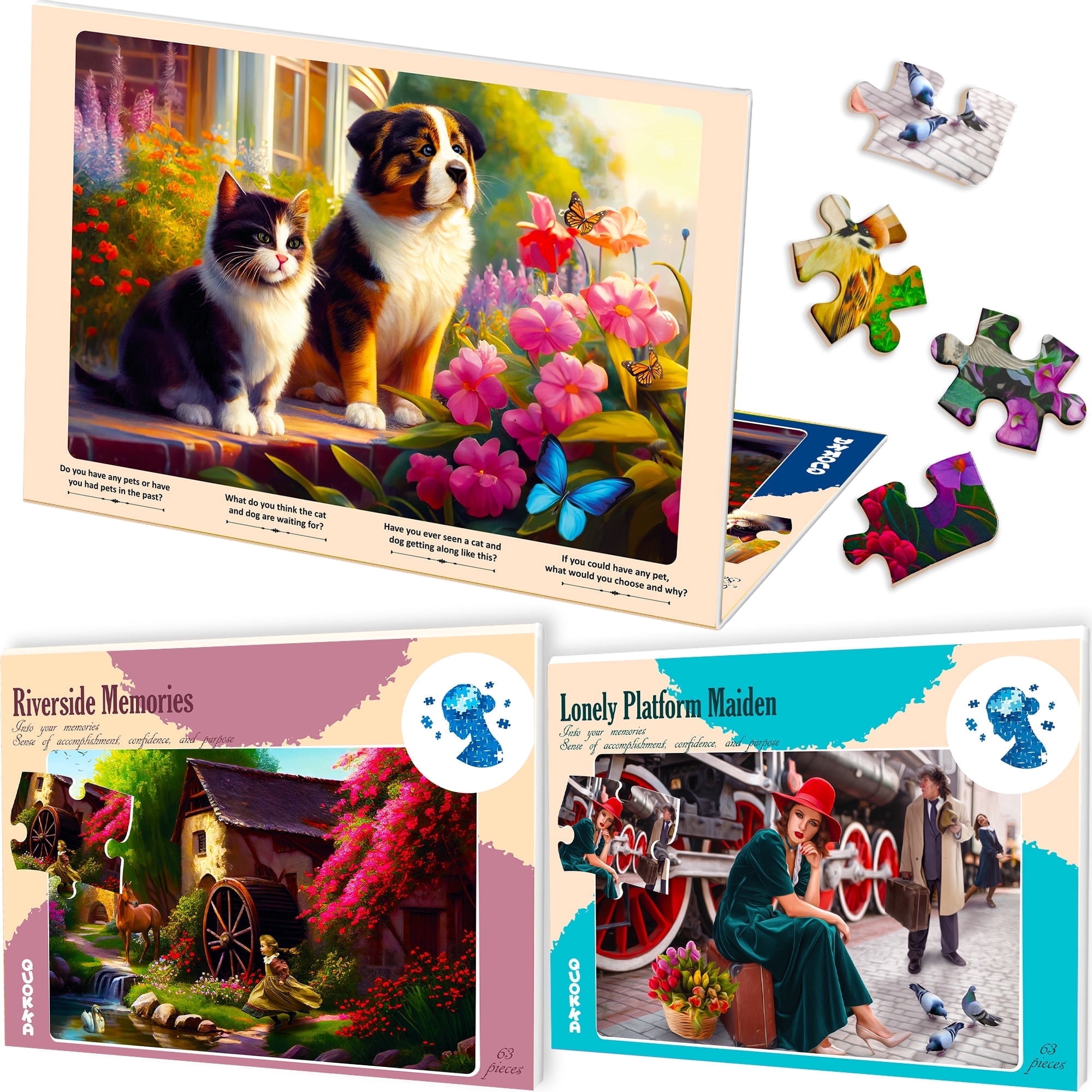 Quokka Dementia Puzzles for Seniors - 63 Piece Cognitive Brain and Memory Activities - 3 Set Alzheimer Puzzles