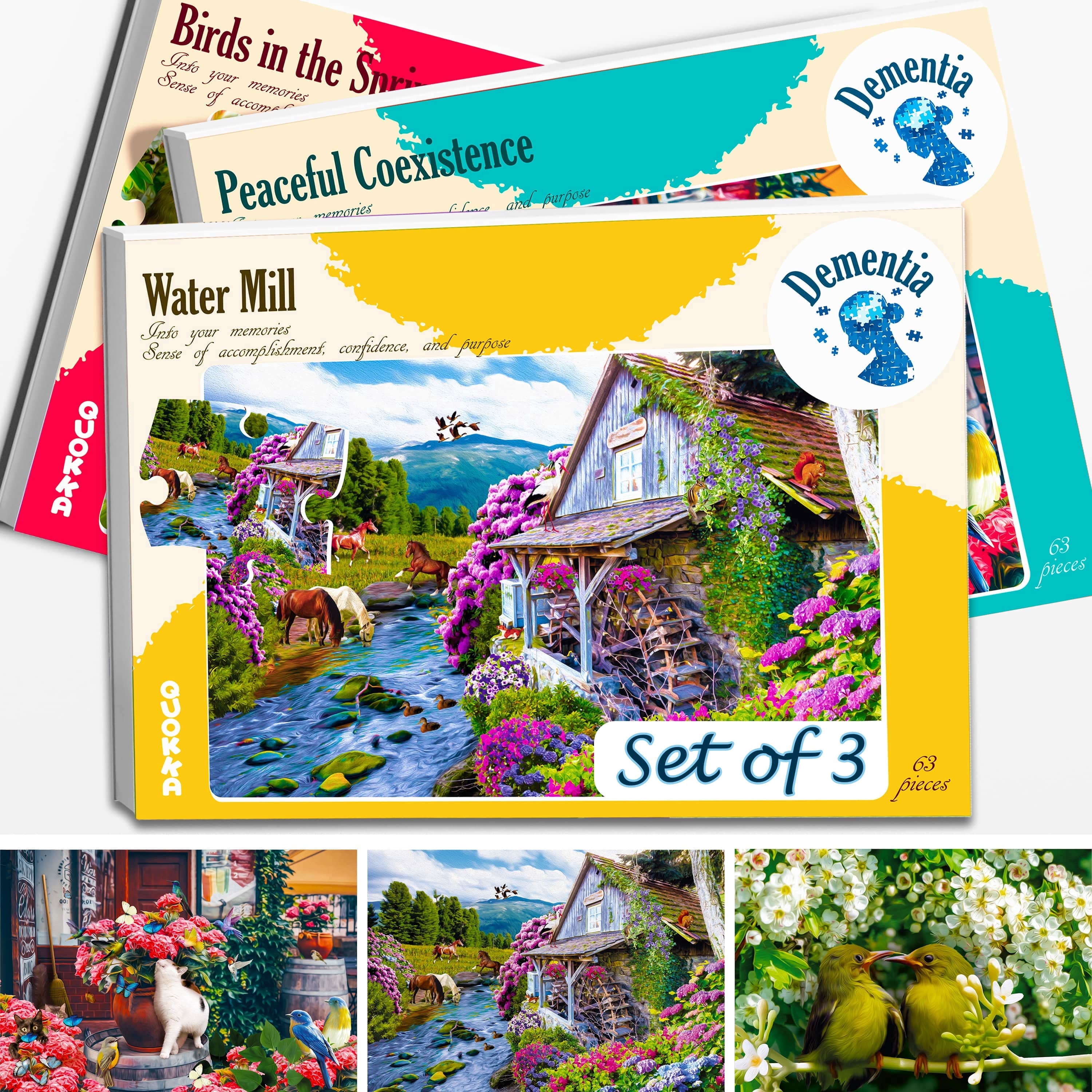 Quokka 63 Pieces Dementia Puzzles for Elderly - 3 Alzheimers Jigsaw Puzzle with Birds and Cats