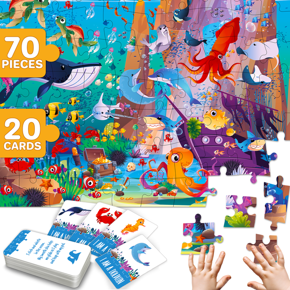 Quokka 70-Piece Ocean Animals Search & Find Puzzle with 20 Riddle Cards – Educational Game for Kids