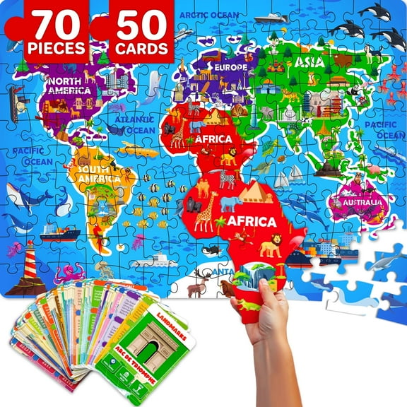Quokka 70-Piece World Map Puzzle with 50 Flashcards – Educational Geography Game for Kids Ages 4-8