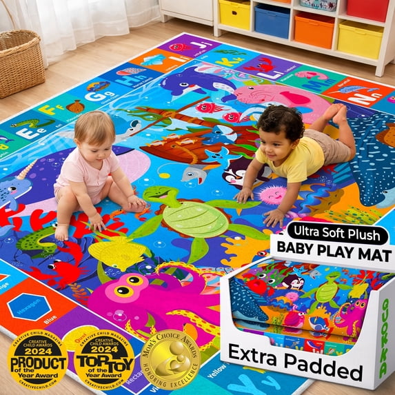 Quokka Baby Play Mat Floor - Soft Non-slip Educational Ocean ABC Playmat for Crawling - Large Cotton Mat