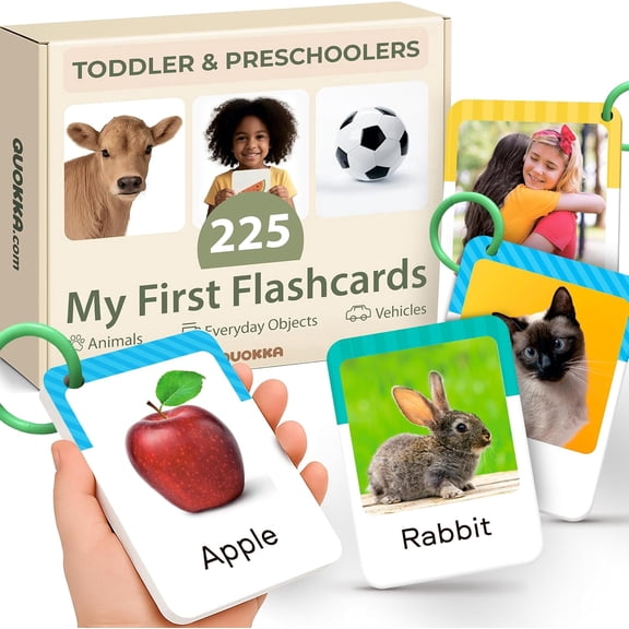 QUOKKA 225 Toddler Flash Cards with Rings – Alphabet Flashcards for Kids - Toddler Educational Toys for Learning