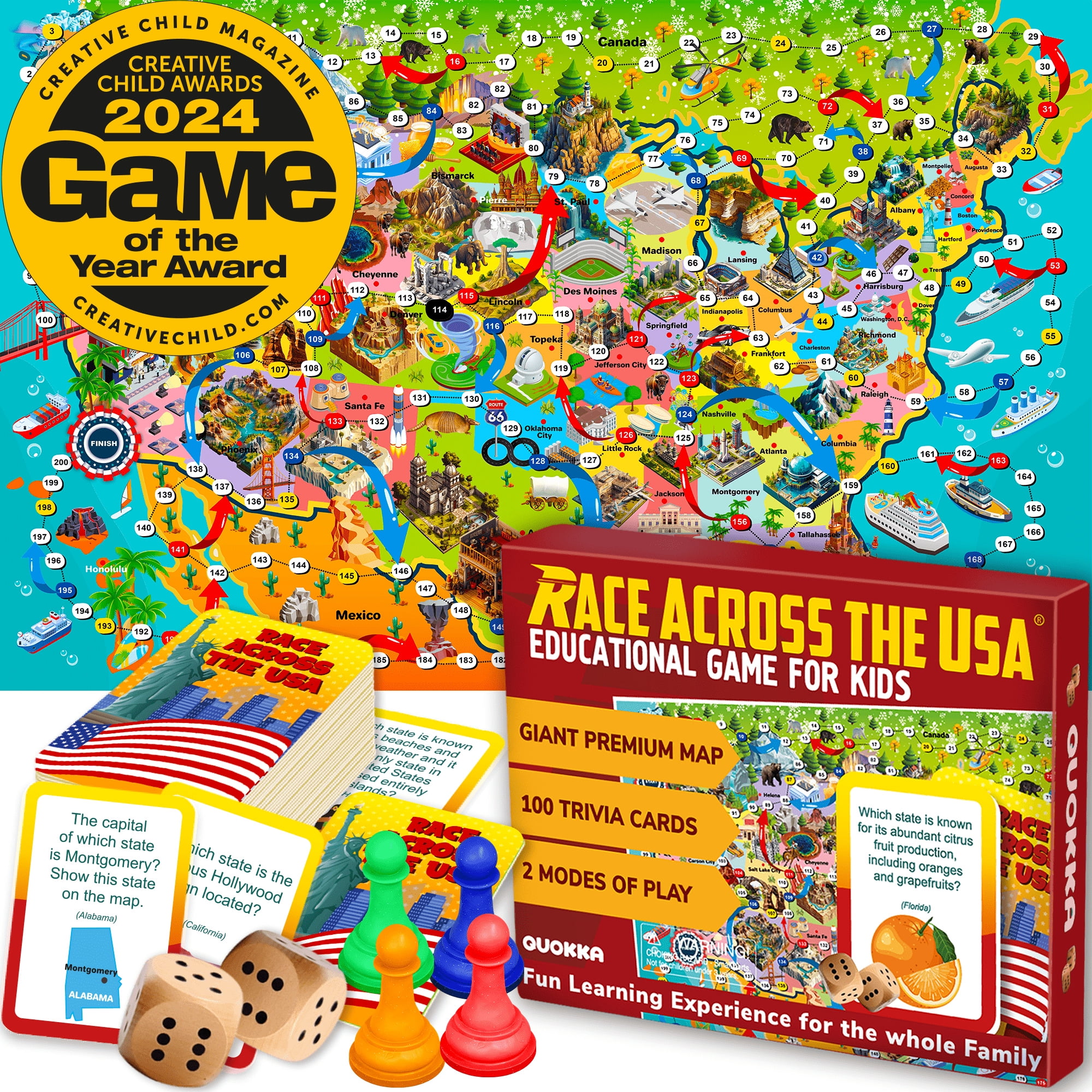 QUOKKA Geography Board Game for Kids 8-12 - USA Learning Family Game for Teens & Adults