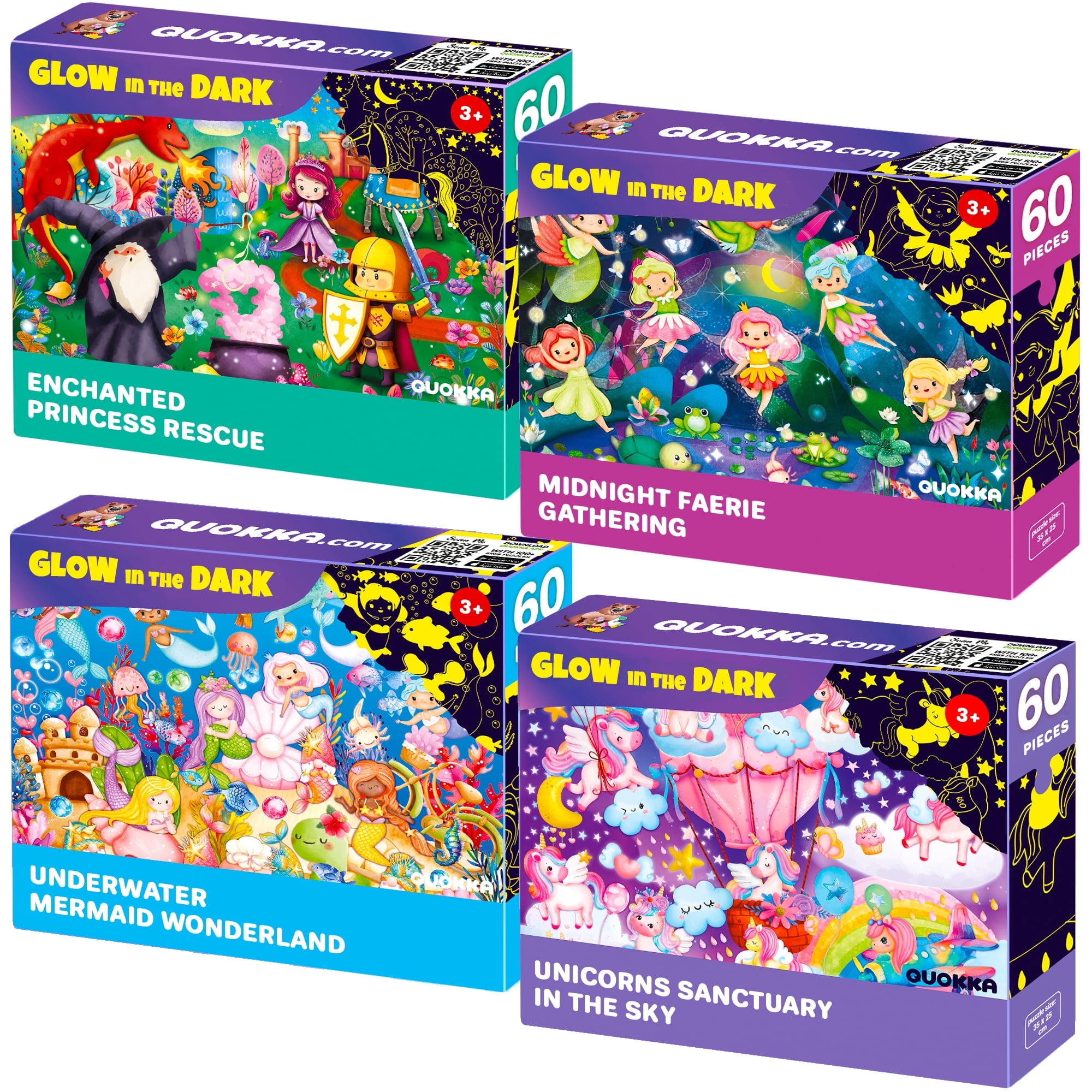 QUOKKA Glow-in-the-Dark Jigsaw Puzzles – 4 Set 60-Piece - Fairy Tale Heroes Puzzle for Kids Ages 3-8
