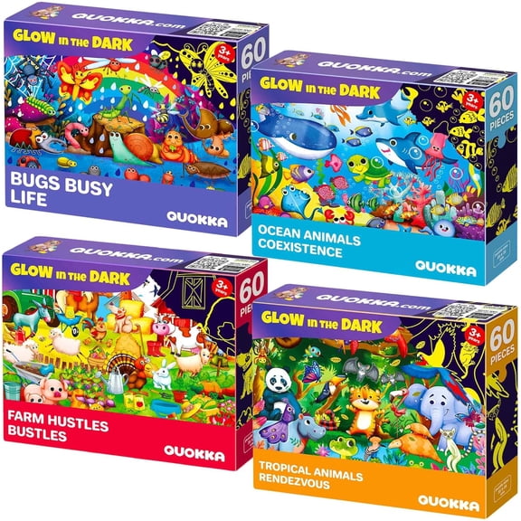 Quokka Glow-in-the-Dark Jigsaw Puzzles 4 Set – 60-Piece Puzzle for Kids Ages 3 , Bugs & Animals