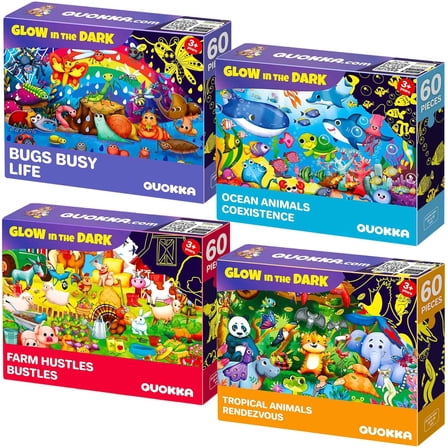 Quokka Glow-in-the-Dark Jigsaw Puzzles 4 Set – 60-Piece Puzzle for Kids Ages 3 , Bugs & Animals