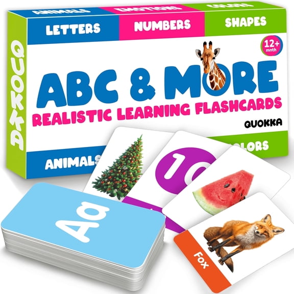 QUOKKA Learning Flash Cards for Toddlers Ages 2-4 - 60 Realistic Flashcards with Alphabet, Numbers, Colors & Animals