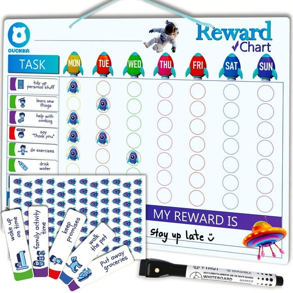 QUOKKA Magnetic Behavior Chore Chart for Kids at Home - Blue Reward Visual Schedule Chart