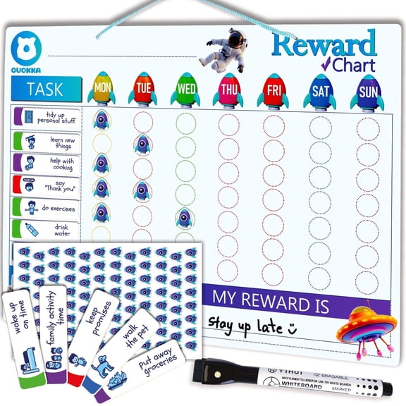 QUOKKA Magnetic Behavior Chore Chart for Kids at Home - Blue Reward Visual Schedule Chart