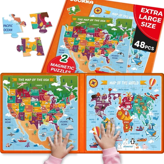 Quokka Magnetic Puzzles for Toddlers Ages 3-6 - 48 Pcs Travel Puzzle Game with Maps USA & World