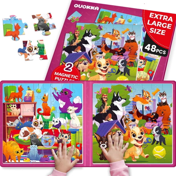 Quokka Toddler Puzzles Ages 3-6 - Magnetic Puzzles for Toddlers - 48 Pcs Travel Puzzle Game with Cats & Dogs for Kids