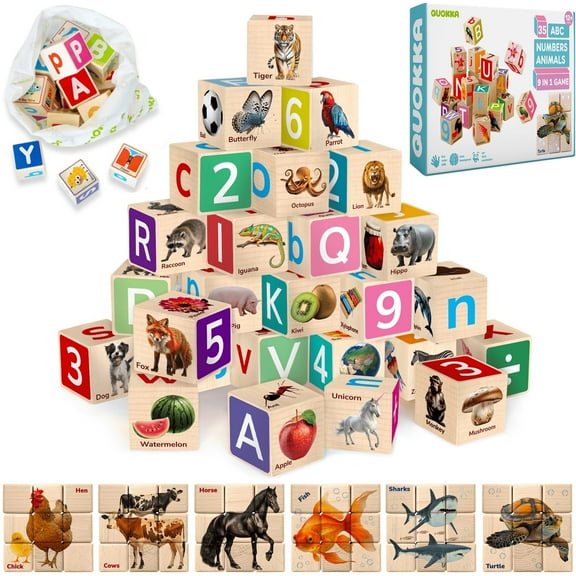 QUOKKA Montessori Wooden Blocks for Toddlers 1-3 - Realistic ABC Learning Baby Blocks for Kids 3-5 Year Olds - Stacking Alphabet Wood Toys