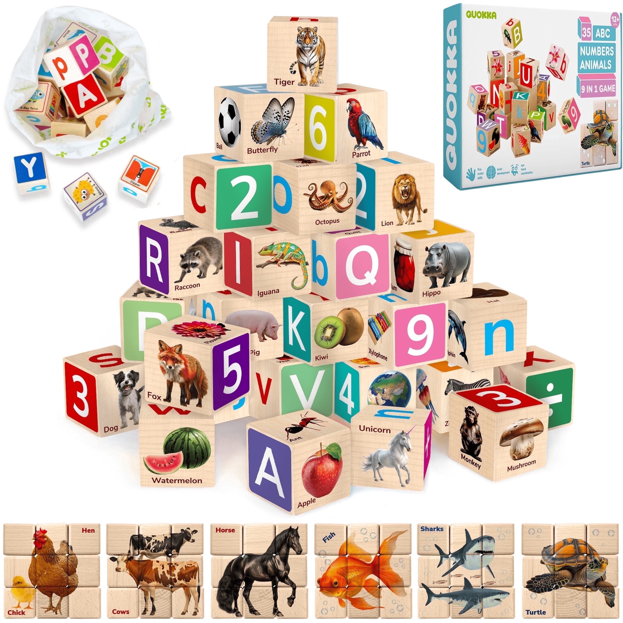 QUOKKA Montessori Wooden Blocks for Toddlers 1-3 - Realistic ABC ...