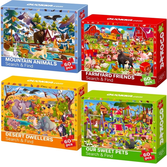QUOKKA Puzzles for Kids Ages 4-6 - 4-Pack 60 Piece Search and Find Animals Jigsaw Puzzle - Educational Games Gift