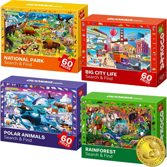 Quokka 4-in-1 Search and Find Puzzle Set for Kids Ages 4–8 – 4 Puzzles with 60 Pieces Each, Educational Toy