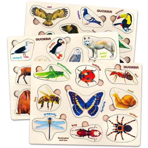 QUOKKA Wooden Puzzles for Toddlers 1-3 - Toy Learning Realistic Insects, Arctic Animals & Birds