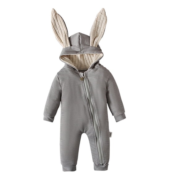 QUOTAY Animal Bunny Baby Easter Baby Romper Long Ear Rabbit Hoodie Jumpsuit with Zipper 02_Grey,3-6 Months