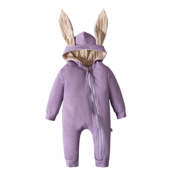 QUOTAY Animal Bunny Baby Easter Baby Romper Long Ear Rabbit Hoodie Jumpsuit with Zipper 02_Purple,9-12 Months