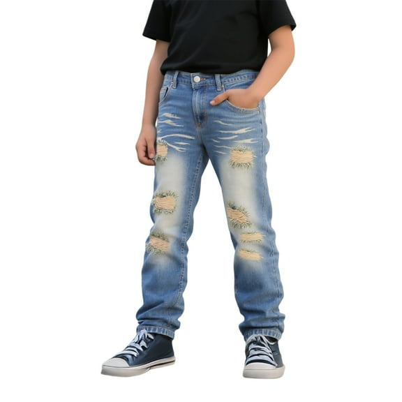QUOTAY Autumn Winter Boys Distressed Denim Boys Pants for Fashion Casual Streetwear Trousers with Knee for Teen and Big Kids 5-14 Years 12_Light Blue,7-8 Years