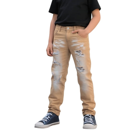QUOTAY Autumn Winter Boys Distressed Denim Boys Pants High Street Fashion Casual Trousers for Teenagers Loose Fit Jeans 5-14 Years 04_Khaki,13-14 Years